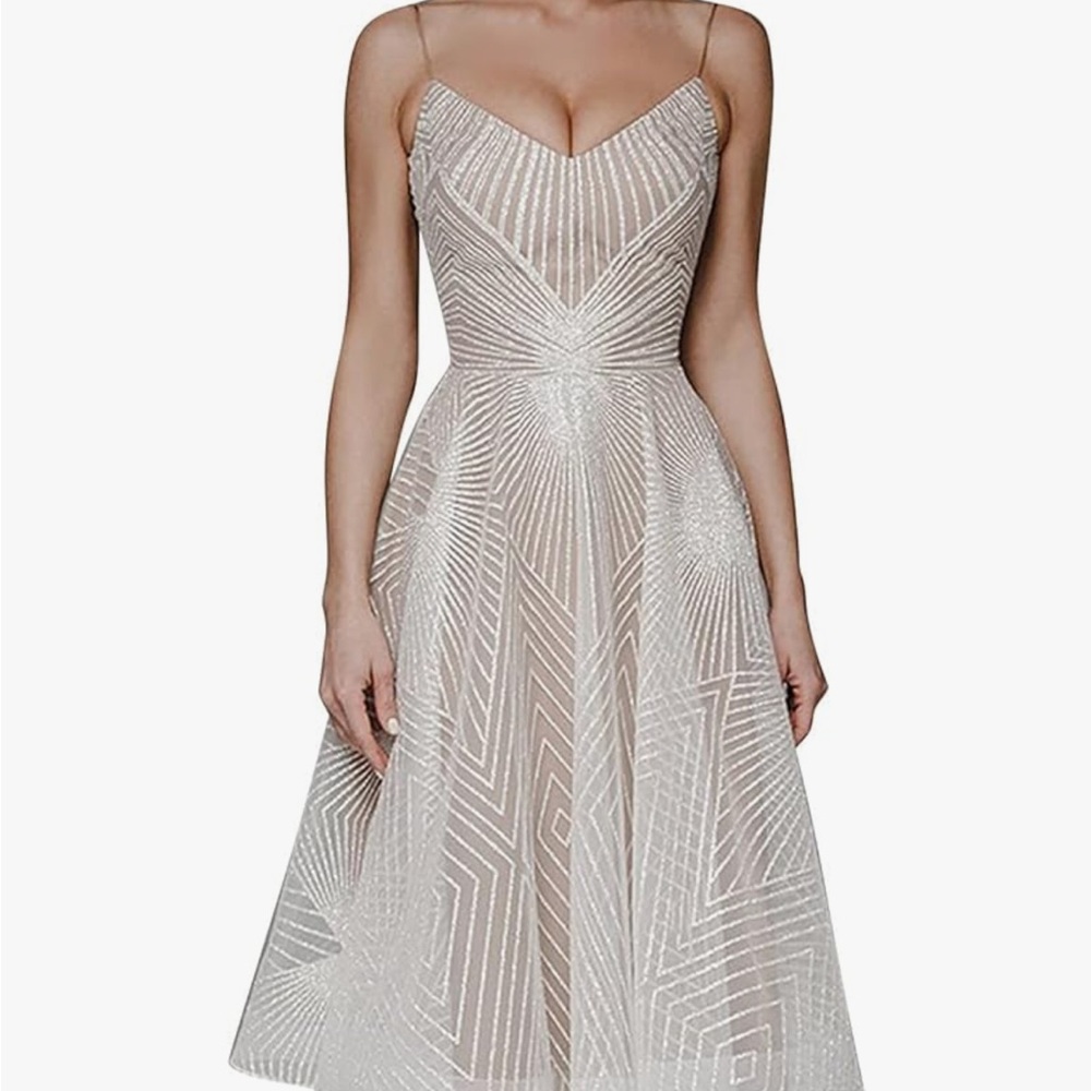Elegant Beige and White Spaghetti Strap Dress low back L